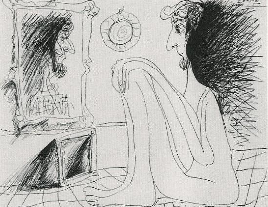 Sketch of a long-haired artist studying a portrait in a studio mirror