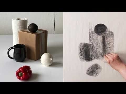 Still life beside a charcoal study of simple forms and shadows
