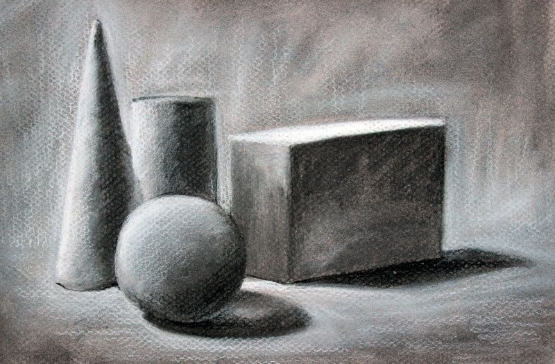 Graphite study of a cone, sphere, and block with cast shadows