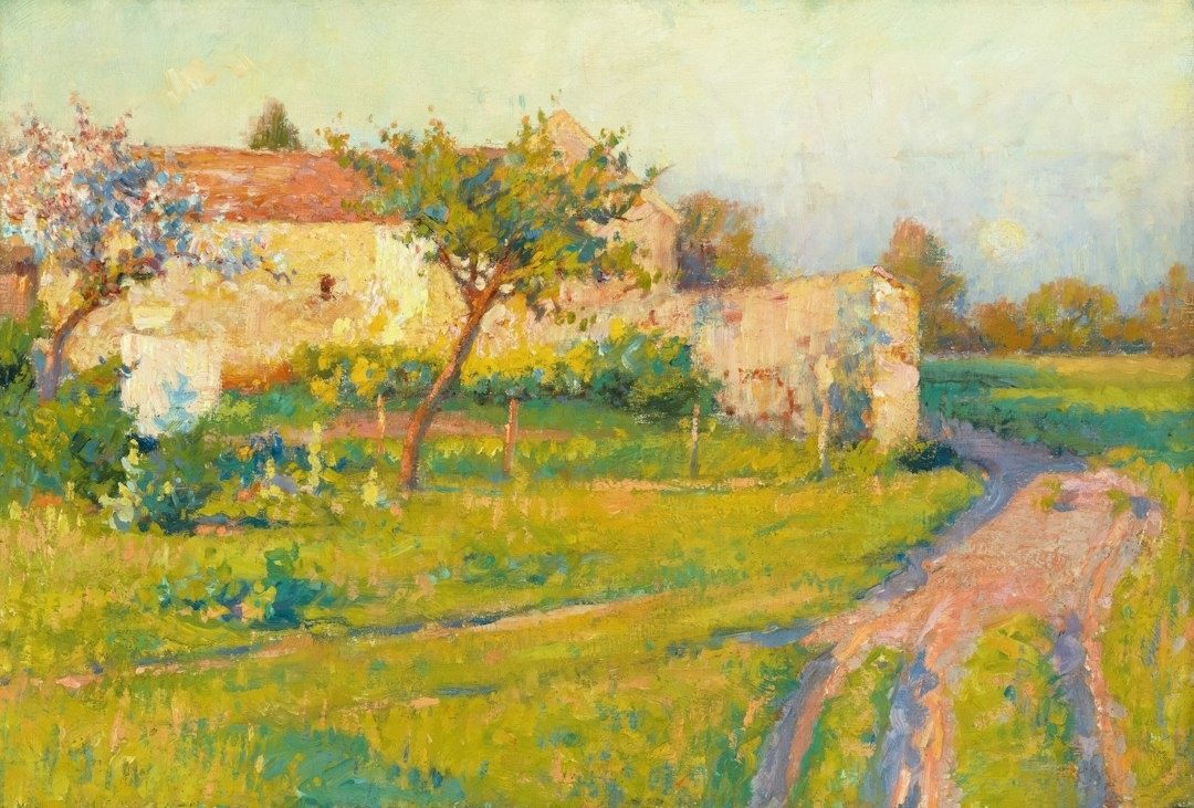 Sunlit impressionist countryside with a winding dirt path and orchard