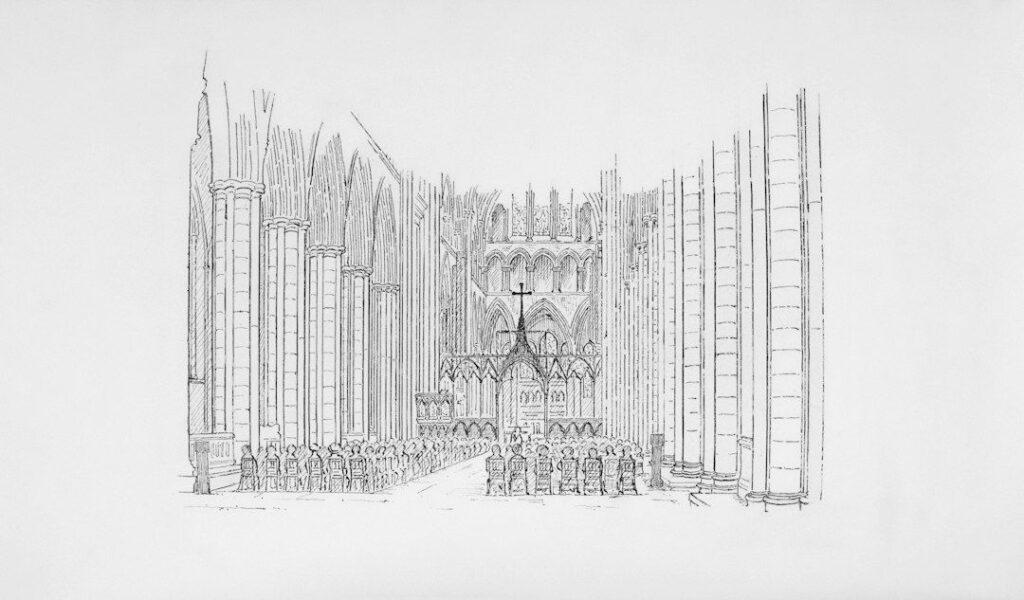 Pencil sketch of a Gothic cathedral interior in linear perspective