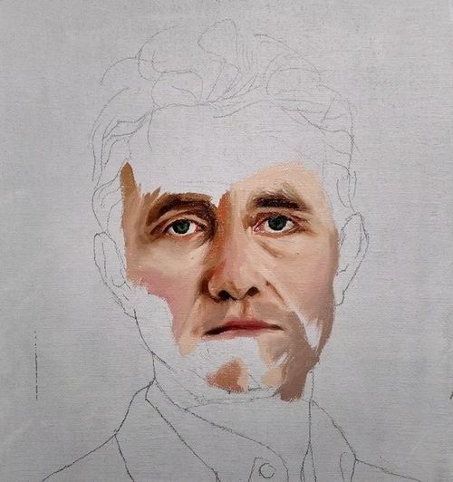 Partially painted portrait study with visible underdrawing and unfinished clothing